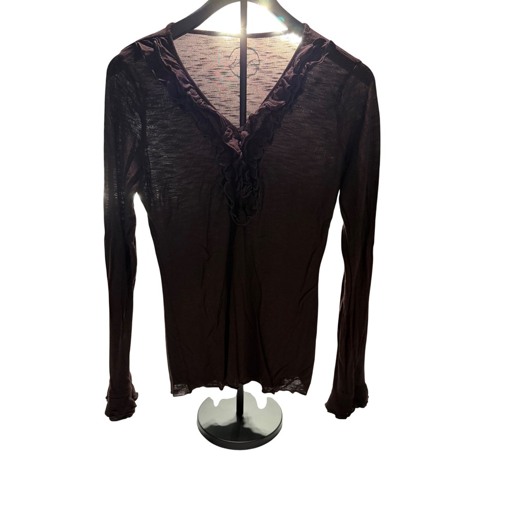 INC International Concepts Brown Ruffle V-Neck Long Sleeve Top XL Rayon - Picture 10 of 11